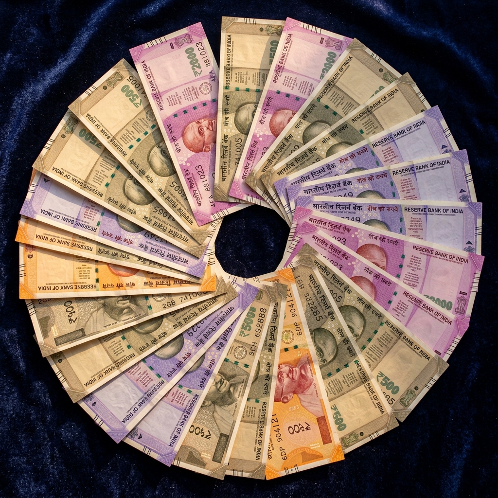 Collection of rare Indian currency notes arranged artistically